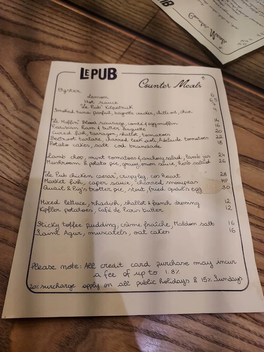 Menu, Le Pub and Bottle Shop