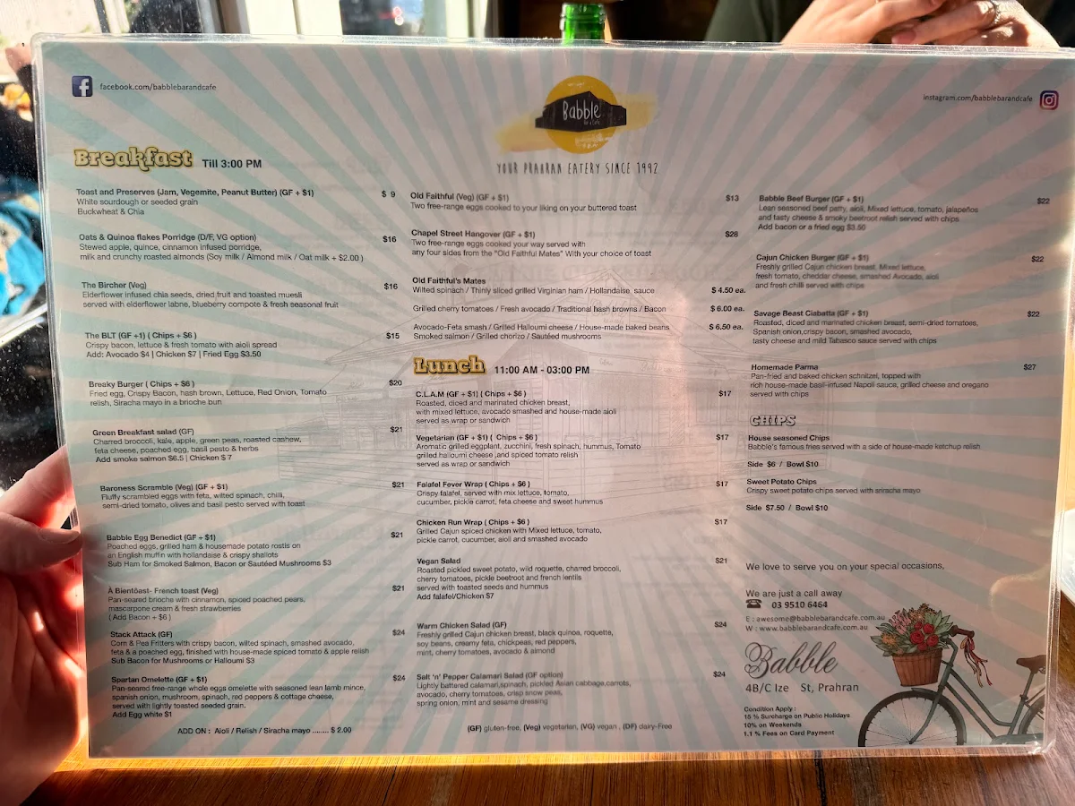 Menu, Babble Bar & Cafe