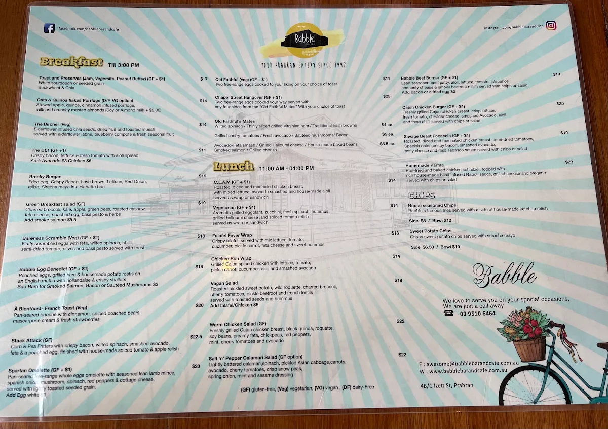 Menu, Babble Bar & Cafe