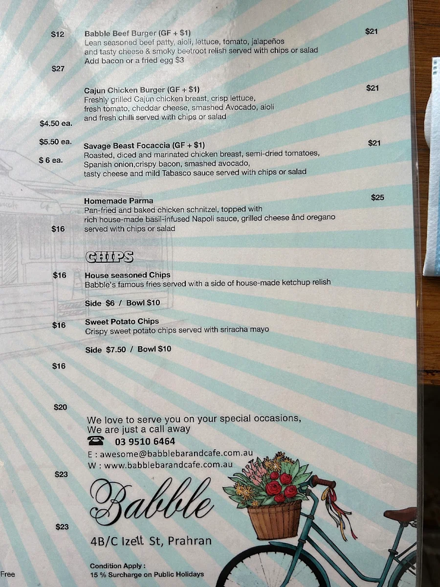 Menu, Babble Bar & Cafe