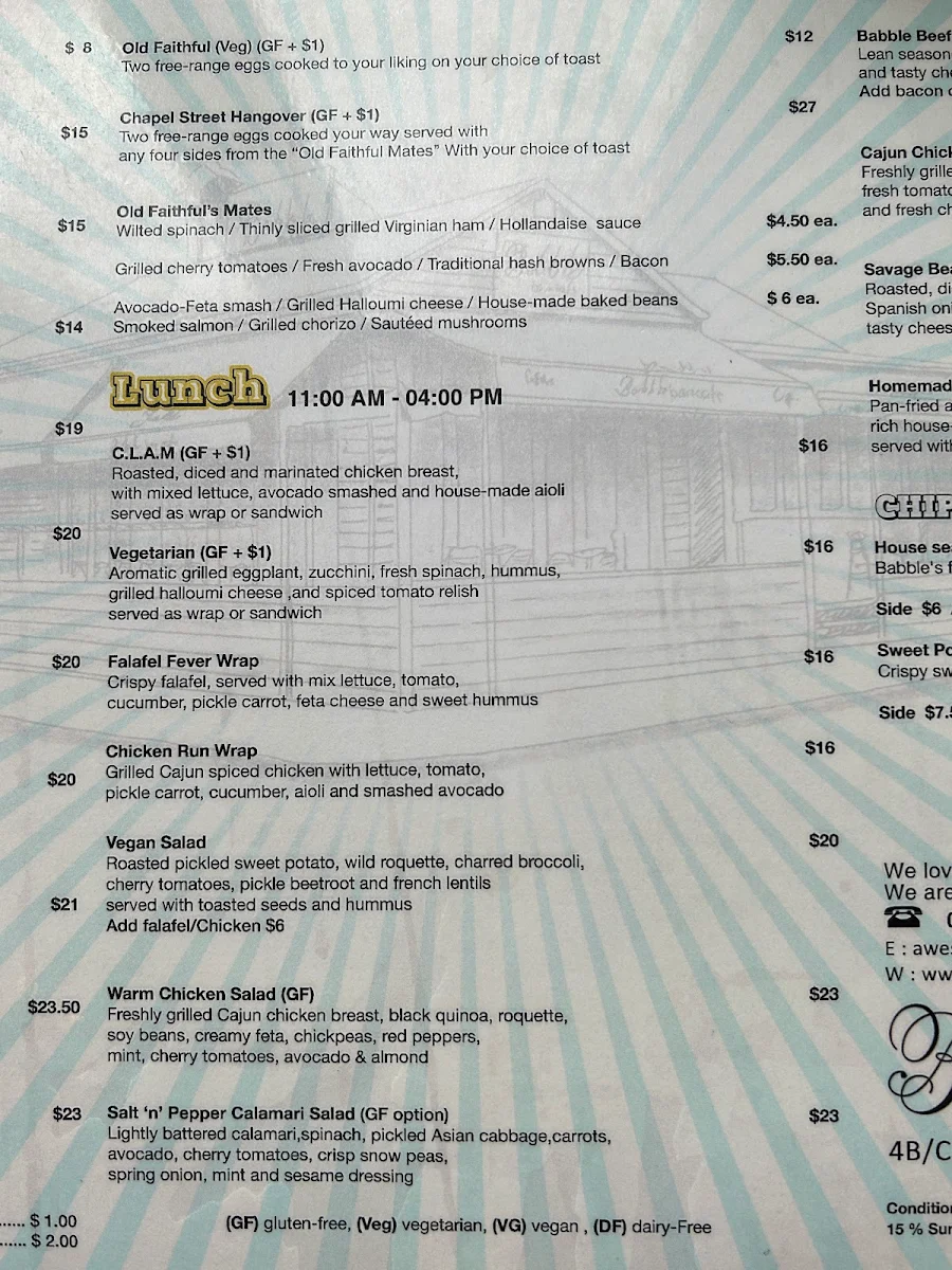 Menu, Babble Bar & Cafe