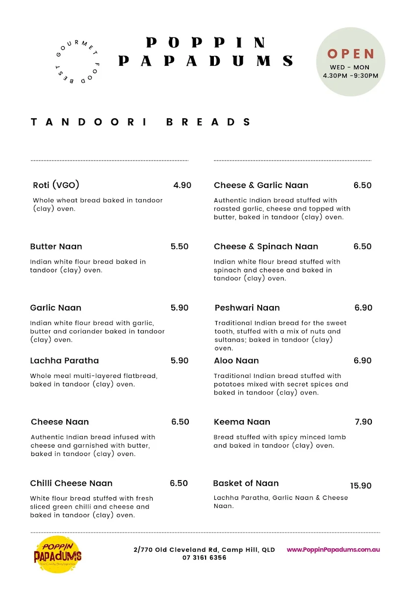 Menu, Poppin Papadums Restaurant