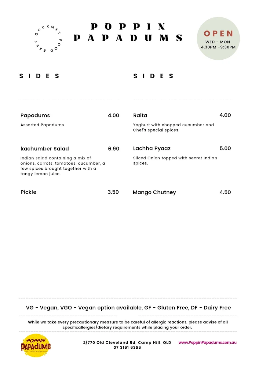 Menu, Poppin Papadums Restaurant