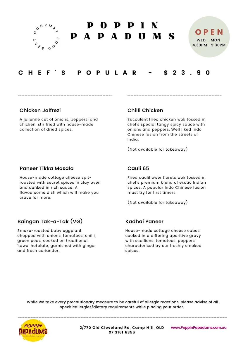 Menu, Poppin Papadums Restaurant