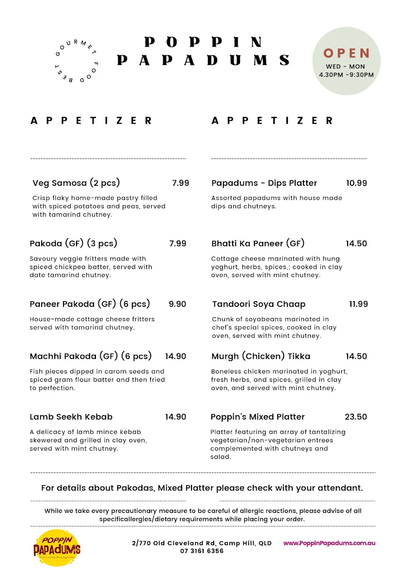 Menu, Poppin Papadums Restaurant