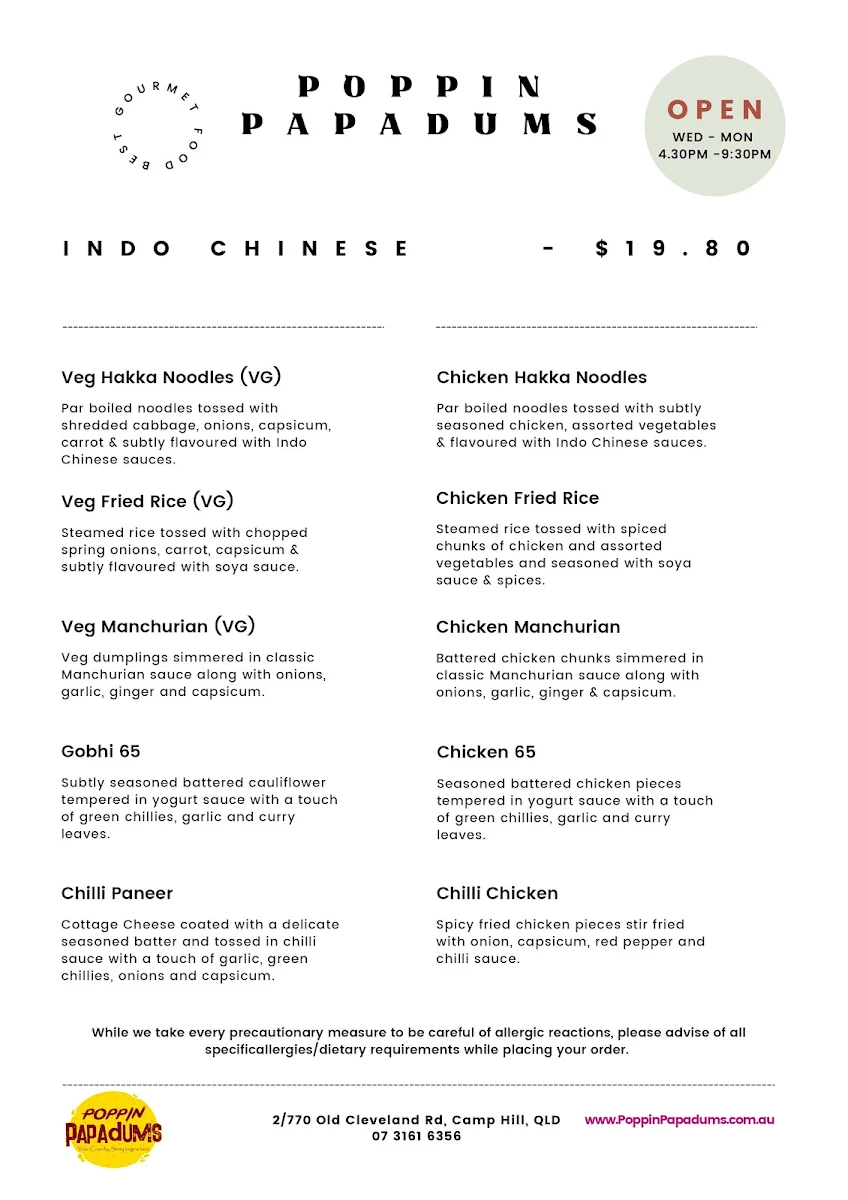 Menu, Poppin Papadums Restaurant
