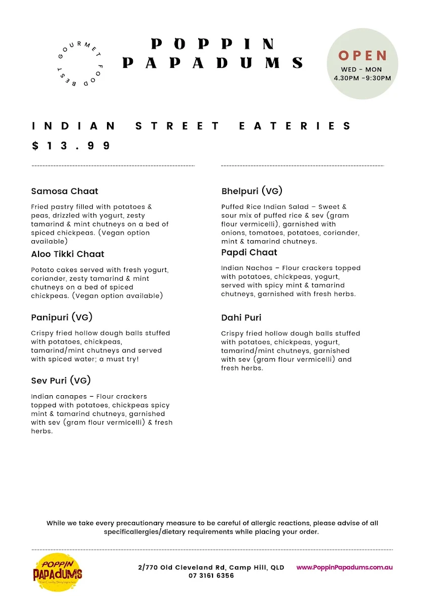 Menu, Poppin Papadums Restaurant