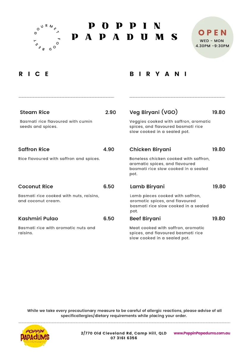 Menu, Poppin Papadums Restaurant