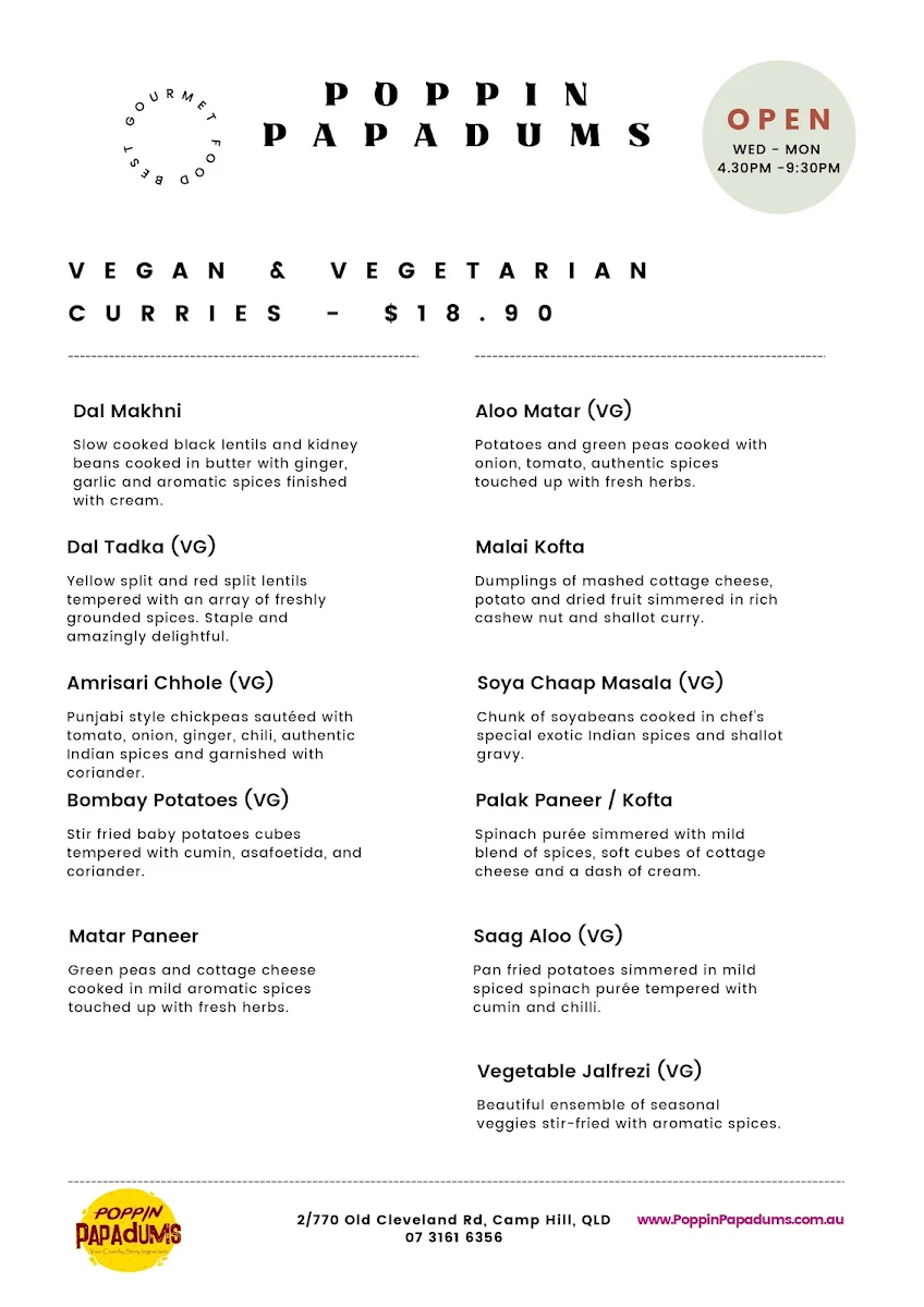 Menu, Poppin Papadums Restaurant
