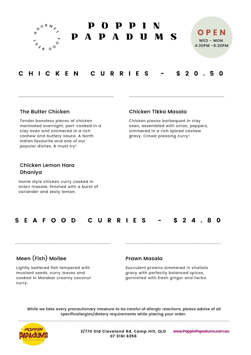 Menu, Poppin Papadums Restaurant