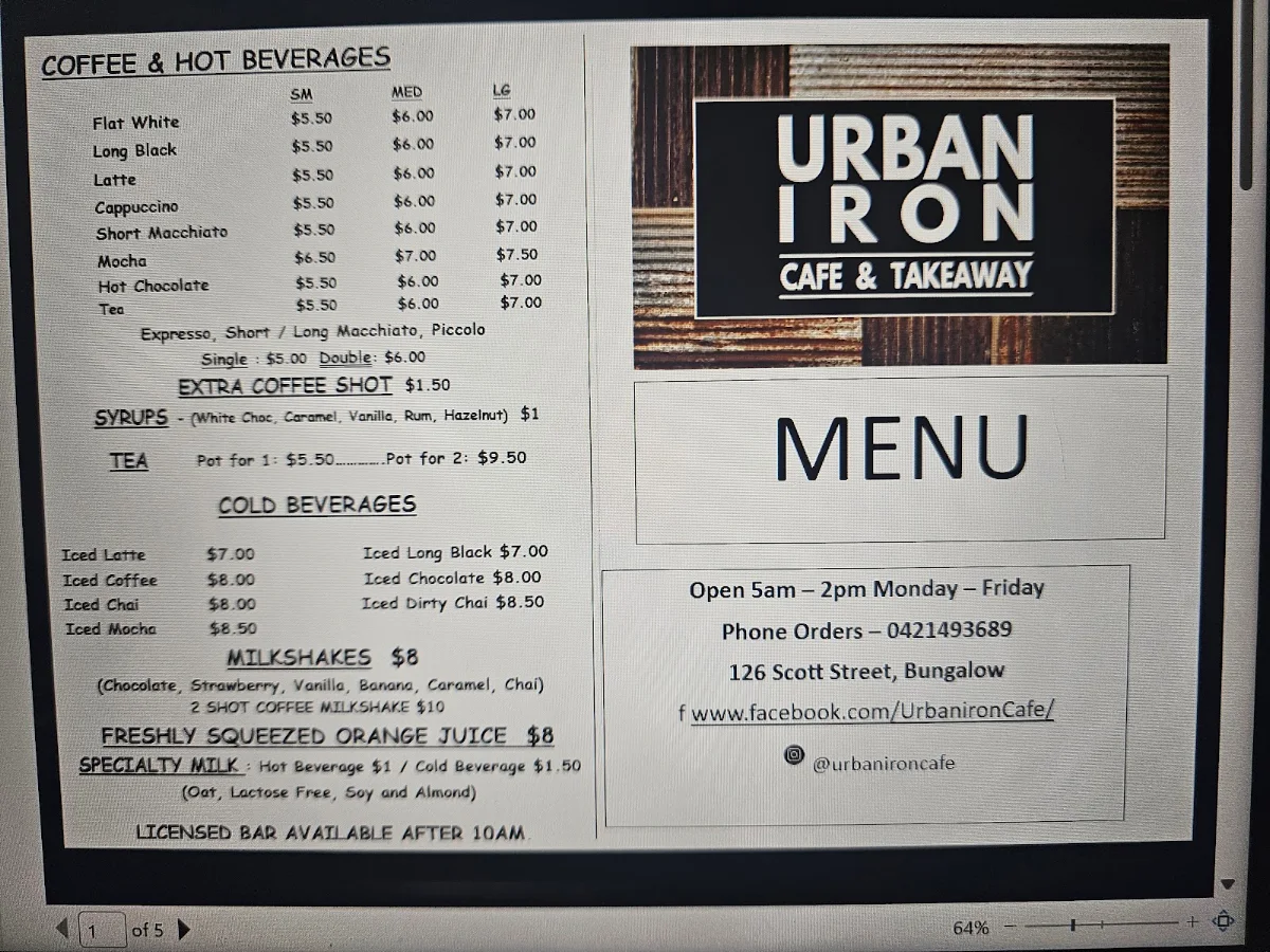 Menu, Urban Iron Cafe & Takeaway