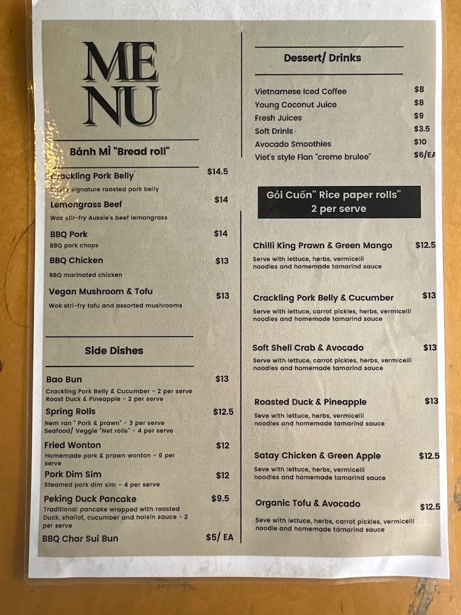 Menu, Vinfafe Darlinghurst
