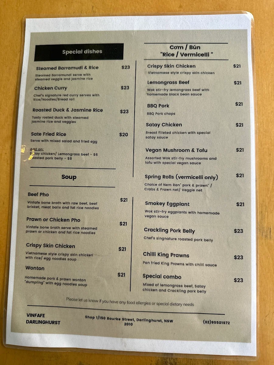 Menu, Vinfafe Darlinghurst