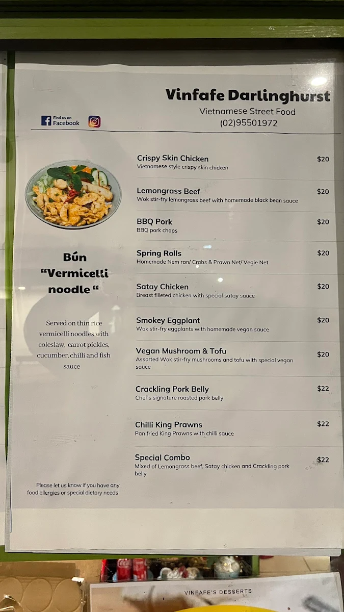 Menu, Vinfafe Darlinghurst