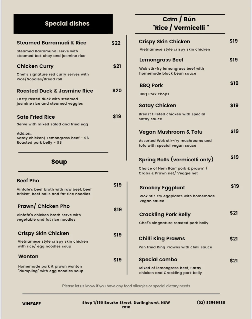 Menu, Vinfafe Darlinghurst