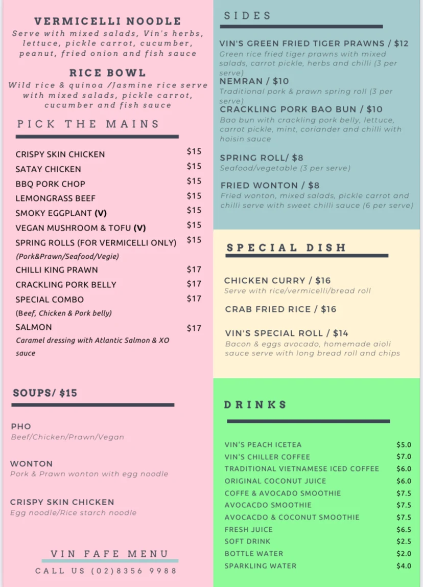 Menu, Vinfafe Darlinghurst