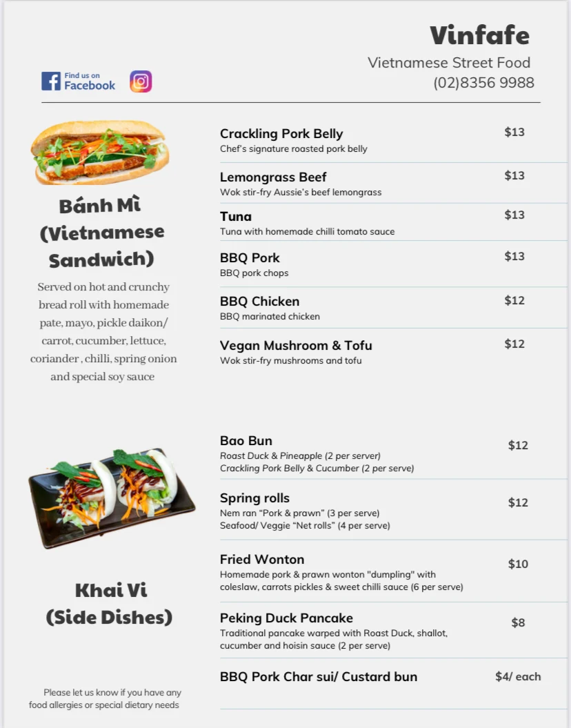Menu, Vinfafe Darlinghurst