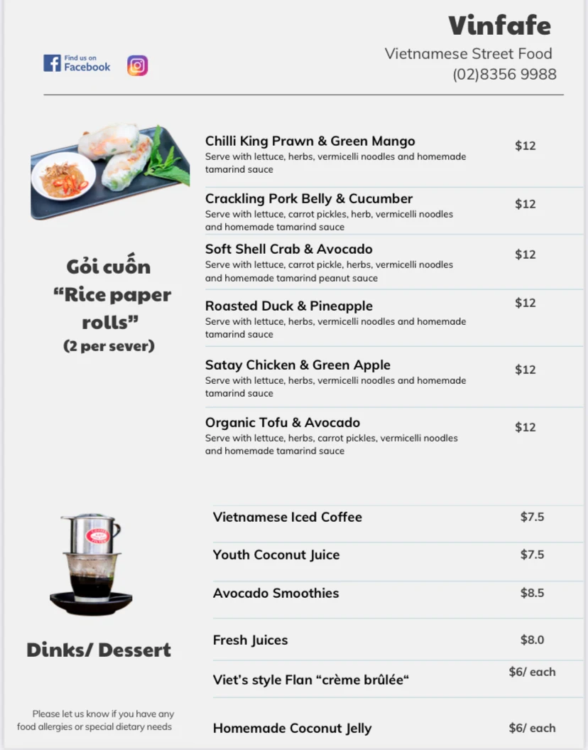 Menu, Vinfafe Darlinghurst
