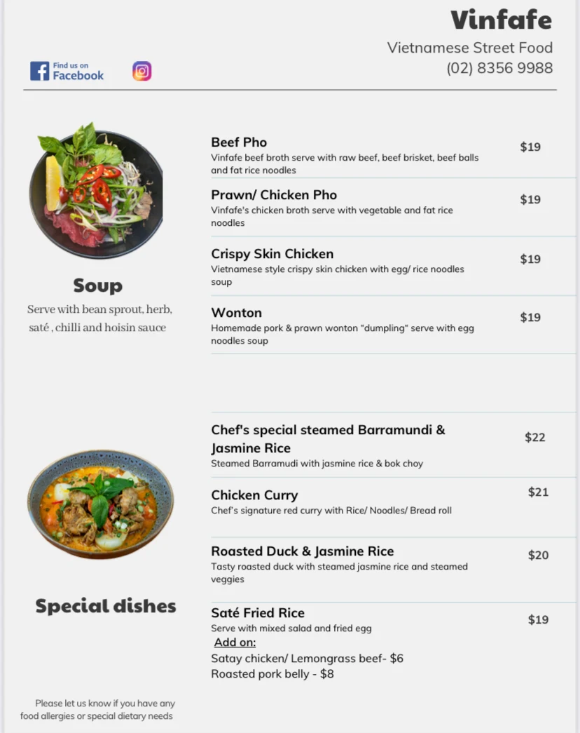 Menu, Vinfafe Darlinghurst