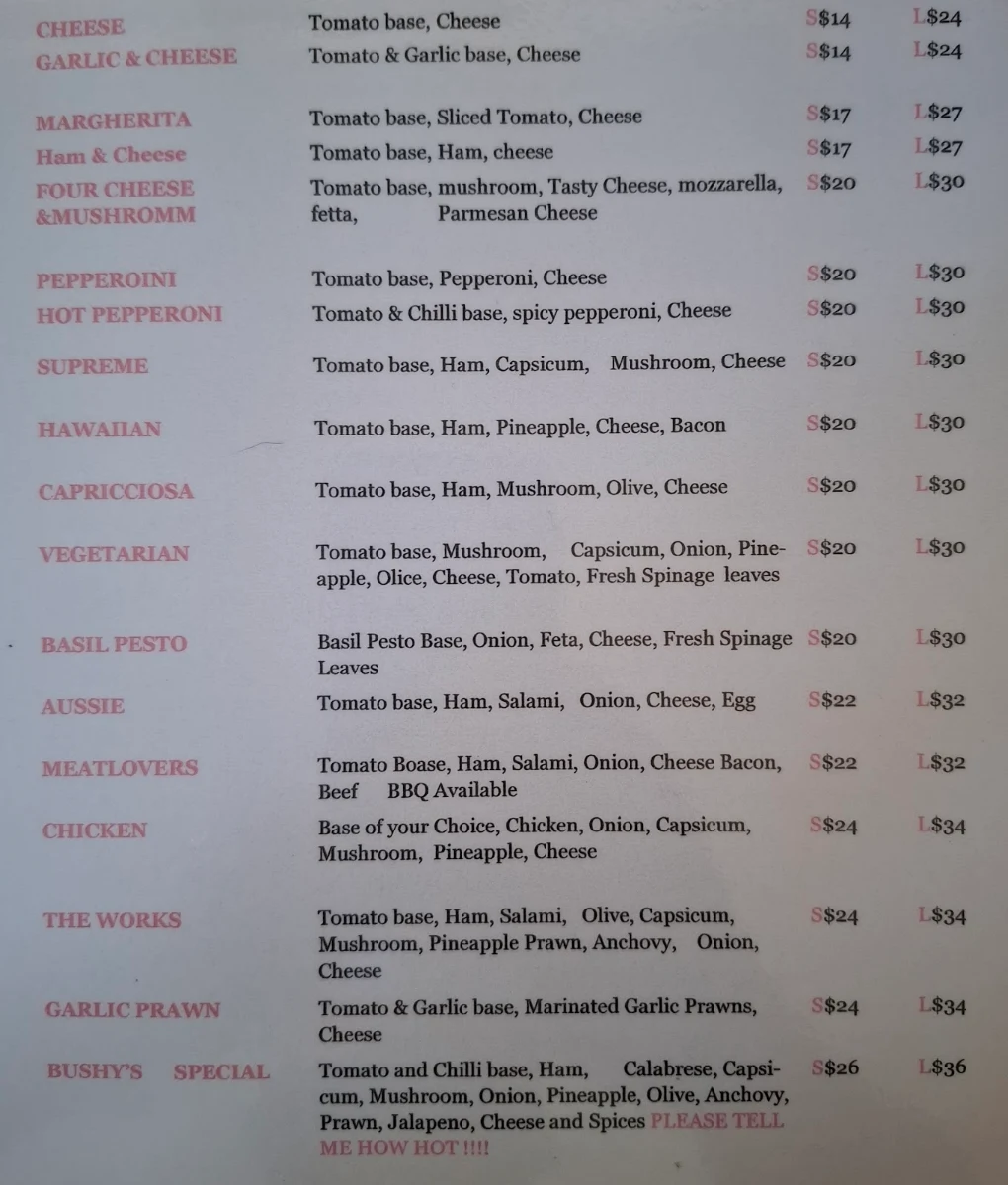 Menu, Bushy's Pizza