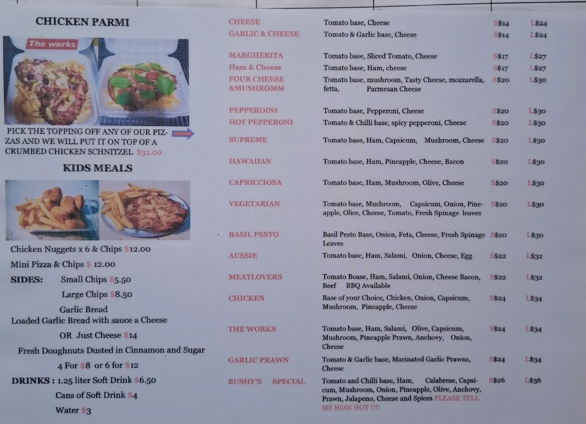 Menu, Bushy's Pizza