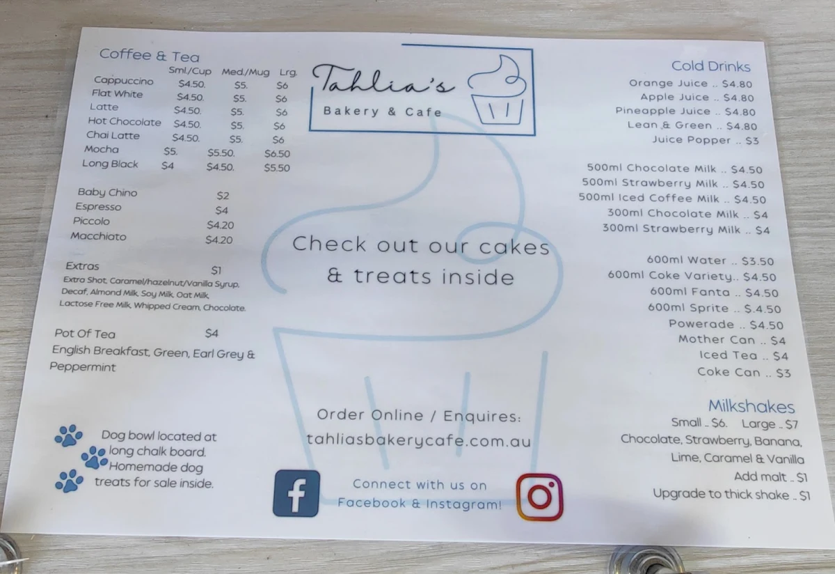 Menu, Tahlia's Bakery and Cafe