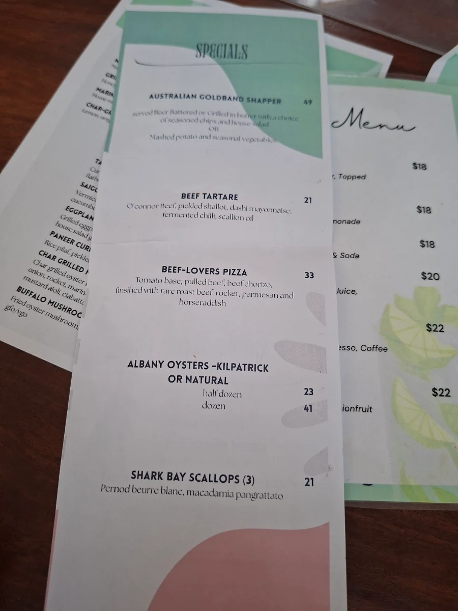 Menu, The Ponds Bistro