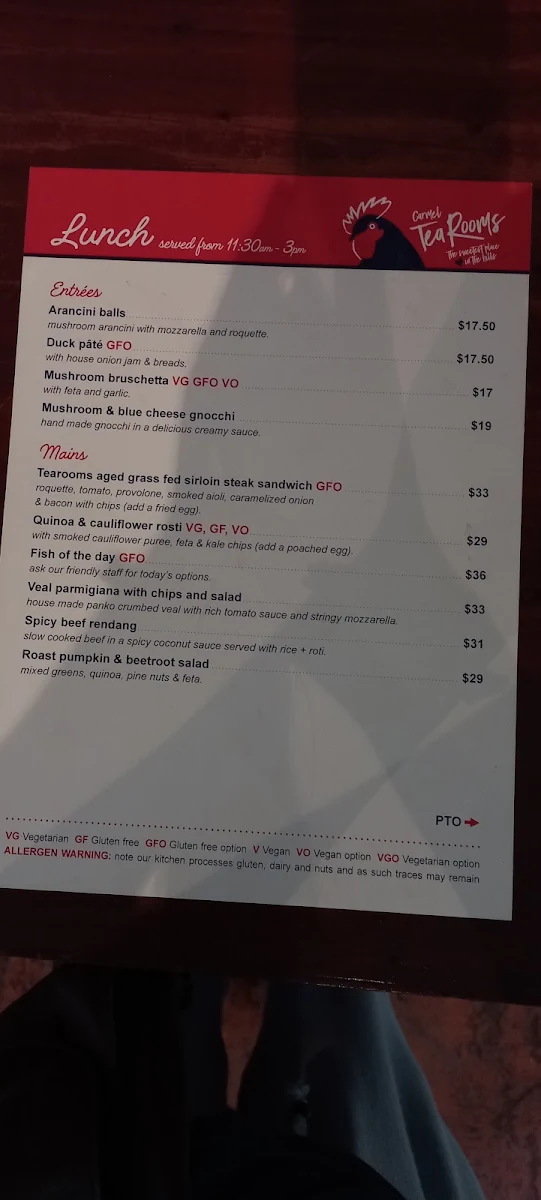Menu, Carmel Tea Rooms