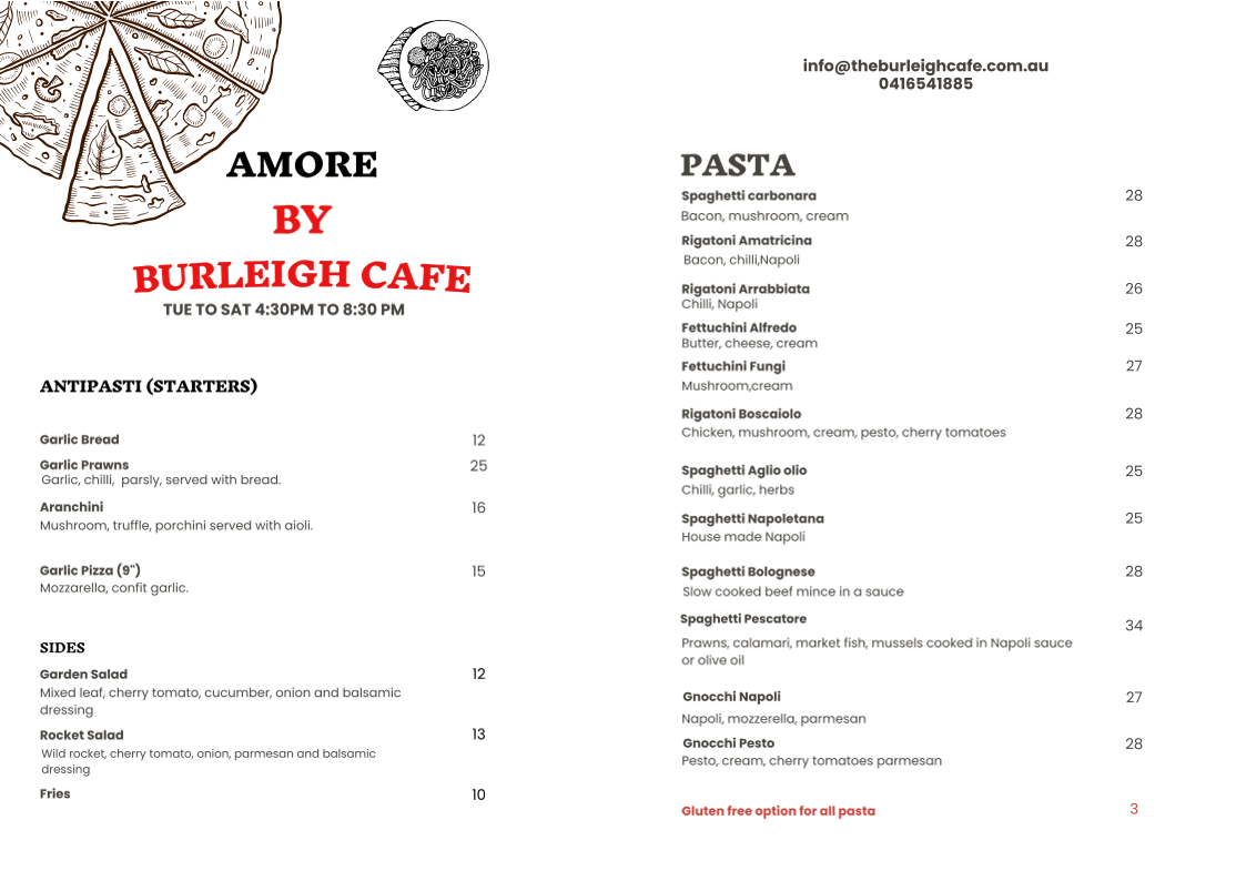 Menu, The Burleigh Cafe