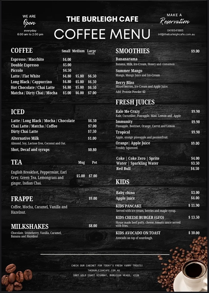 Menu, The Burleigh Cafe