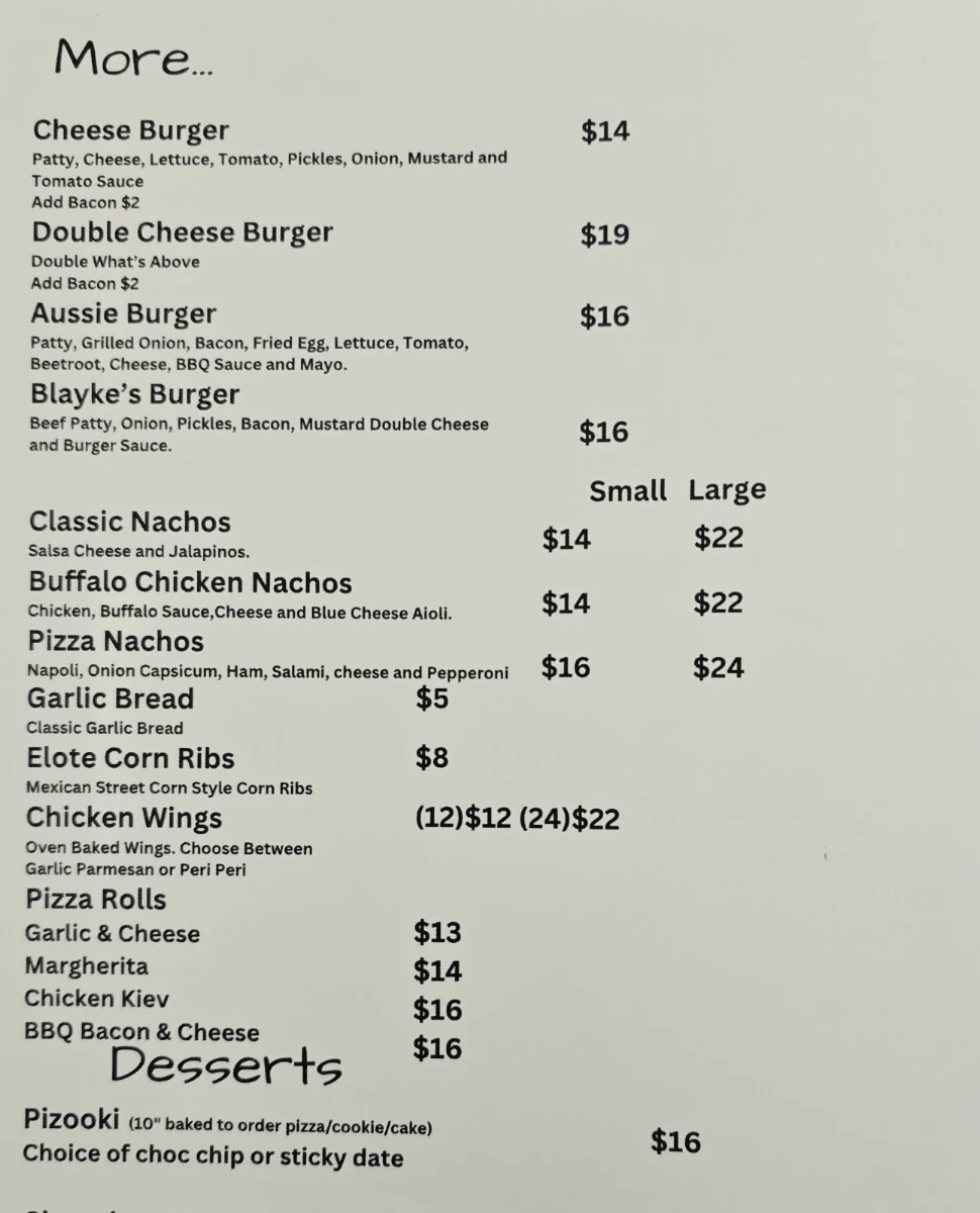 Menu, Blaykes Pizza Pasta & More