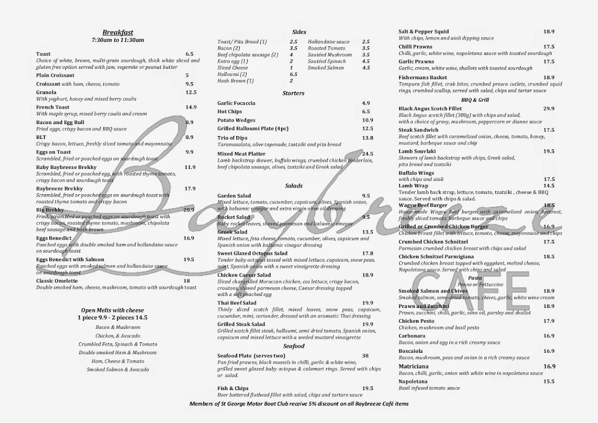Menu, Baybreeze Cafe