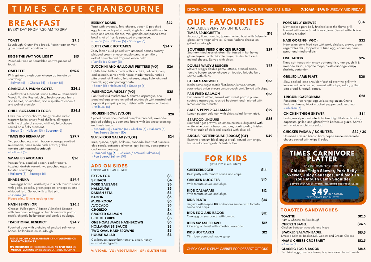 Menu, Times Cranbourne Cafe and Restaurant