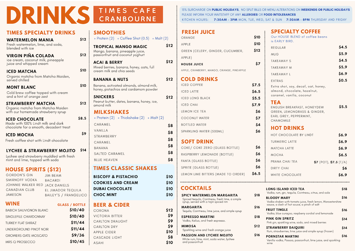 Menu, Times Cranbourne Cafe and Restaurant