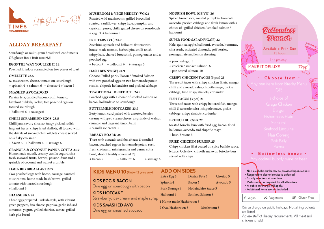 Menu, Times Cranbourne Cafe and Restaurant