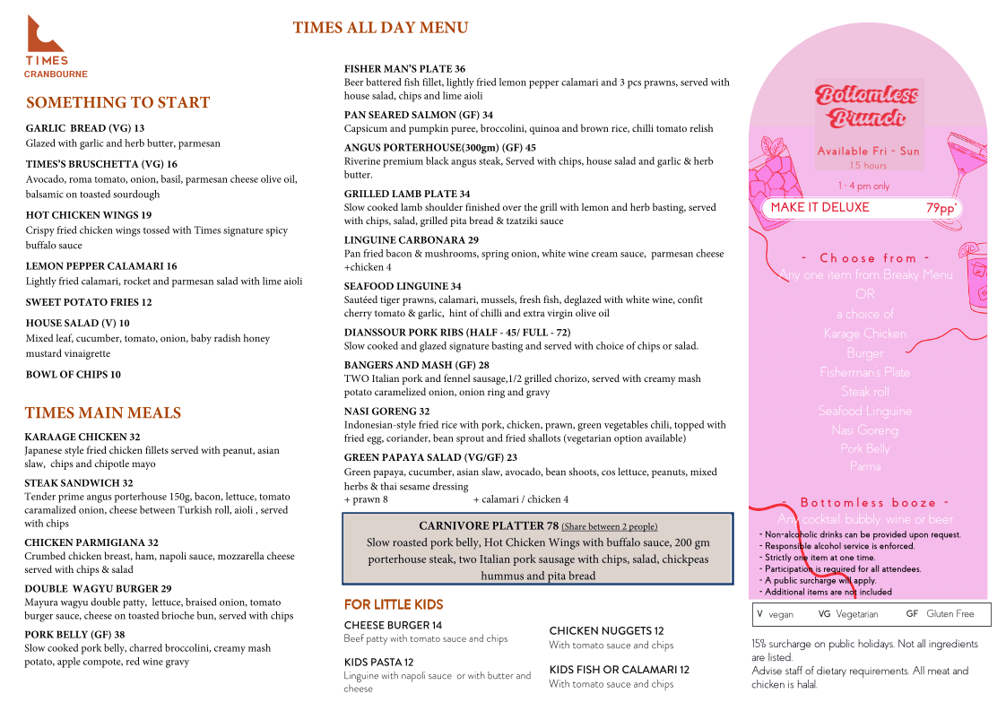 Menu, Times Cranbourne Cafe and Restaurant