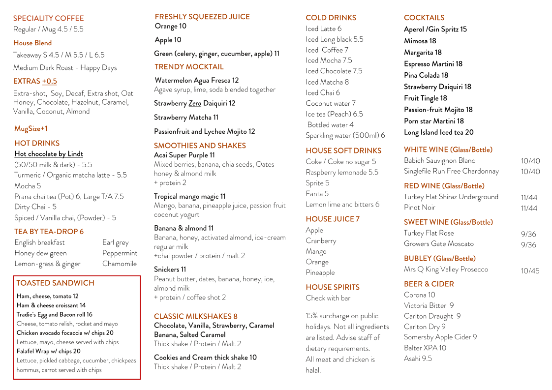 Menu, Times Cranbourne Cafe and Restaurant