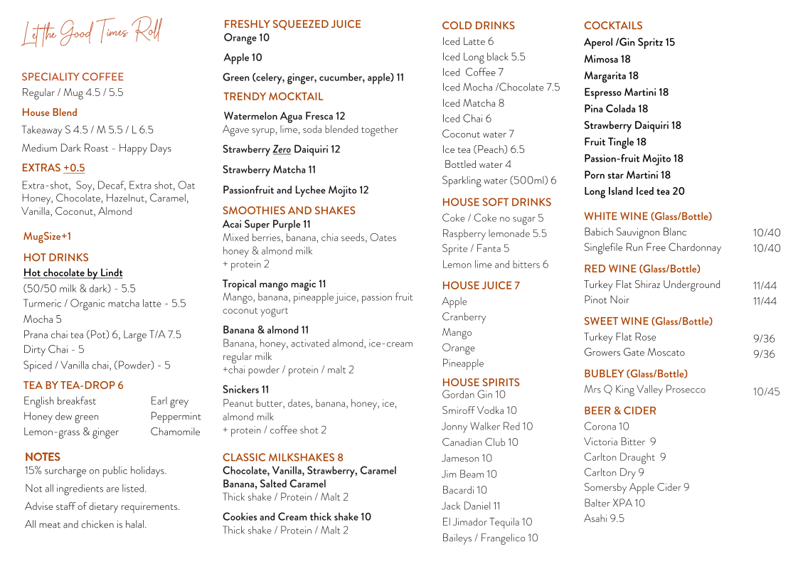Menu, Times Cranbourne Cafe and Restaurant