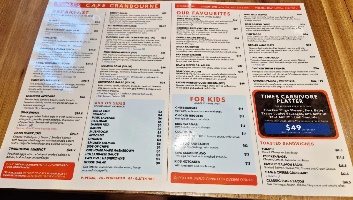 Menu, Times Cranbourne Cafe and Restaurant