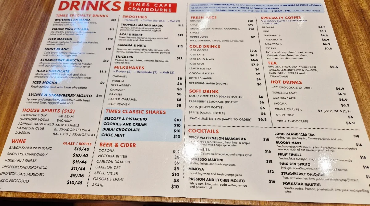 Menu, Times Cranbourne Cafe and Restaurant