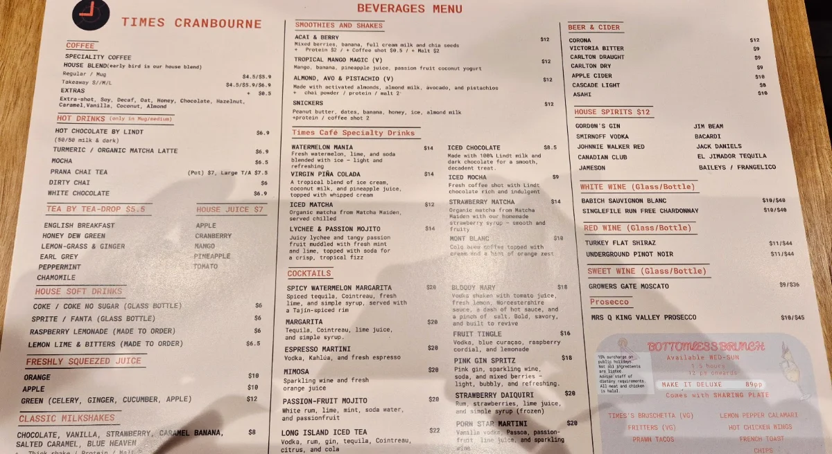 Menu, Times Cranbourne Cafe and Restaurant