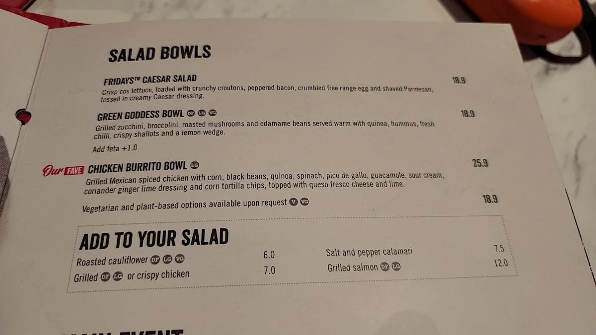 Menu, TGI Fridays Surfers Paradise