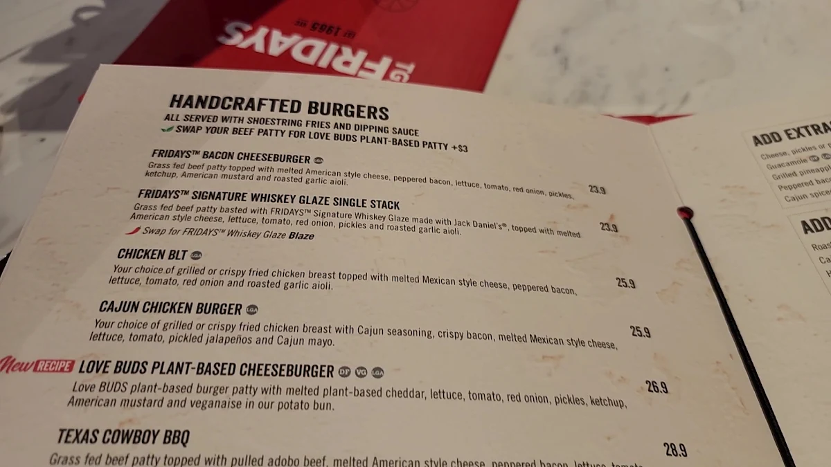 Menu, TGI Fridays Surfers Paradise
