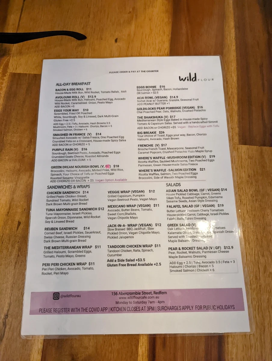 Menu, Wild Flour, Sydney