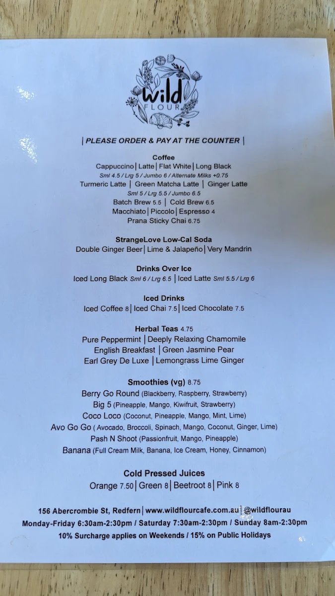 Menu, Wild Flour, Sydney