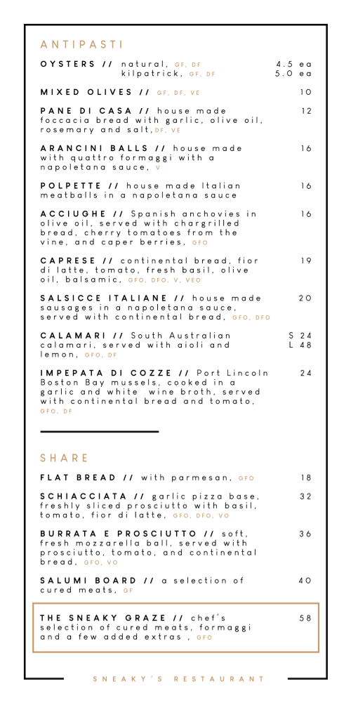 Menu, Sneaky's Restaurant