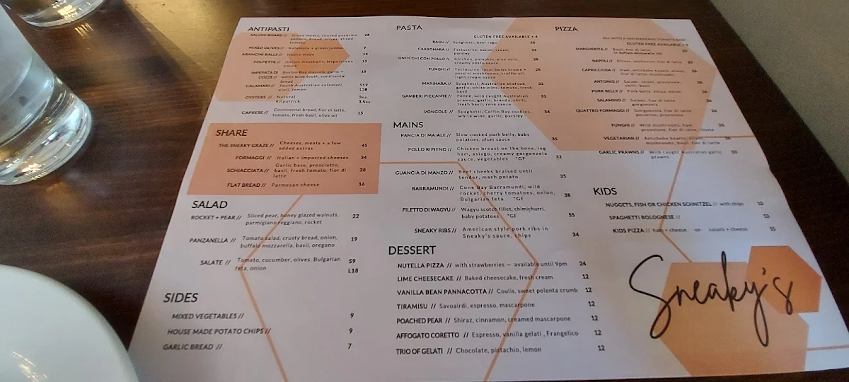 Menu, Sneaky's Restaurant