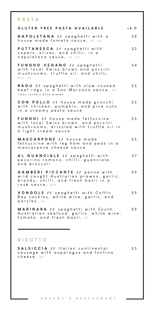 Menu, Sneaky's Restaurant