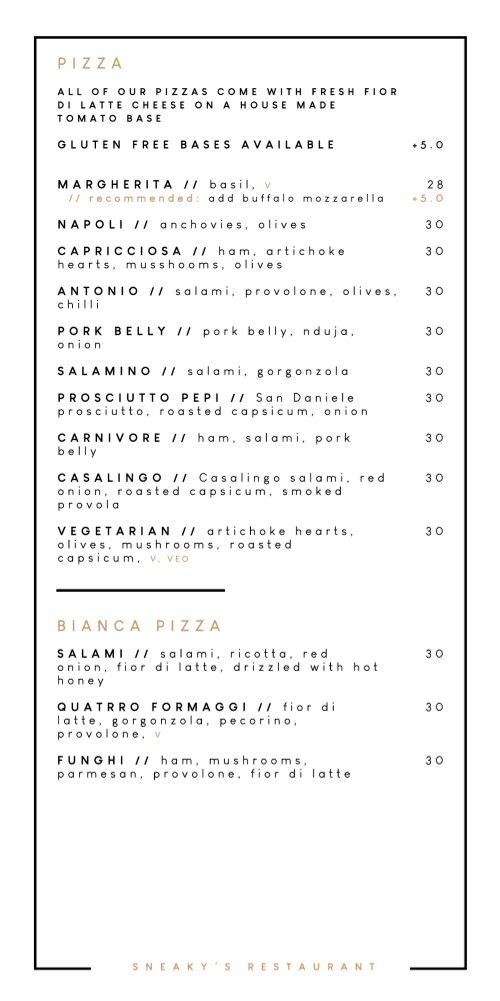 Menu, Sneaky's Restaurant