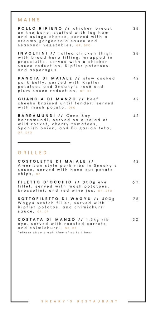 Menu, Sneaky's Restaurant